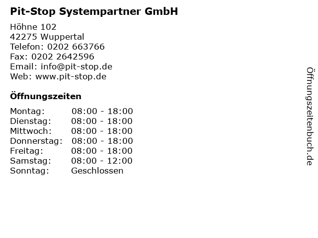 Pit-Stop Systempartner GmbH in Wuppertal: Adresse und Öffnungszeiten