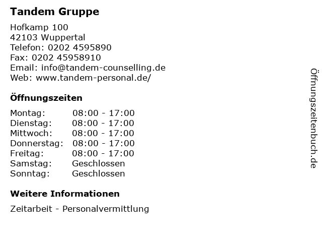Tandem Gruppe in Wuppertal: Adresse und Öffnungszeiten