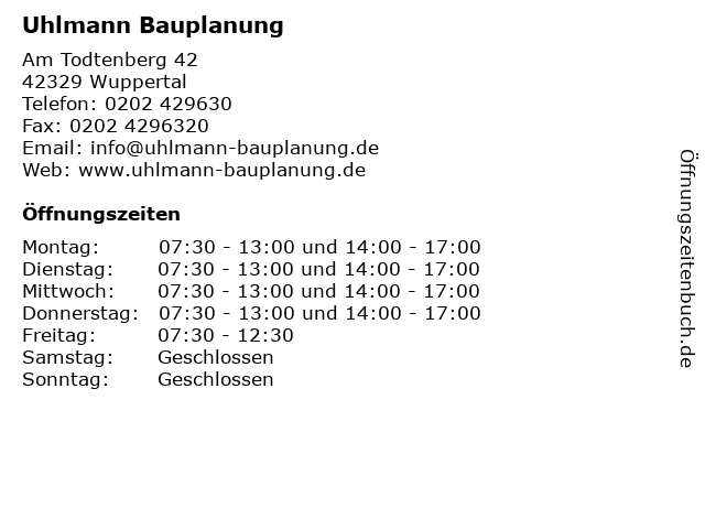 Uhlmann Bauplanung in Wuppertal: Adresse und Öffnungszeiten