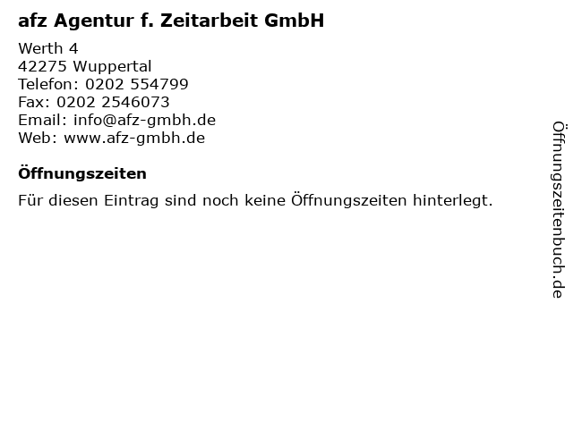 afz Agentur f. Zeitarbeit GmbH in Wuppertal: Adresse und Öffnungszeiten