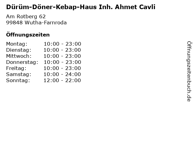 Dürüm-Döner-Kebap-Haus Inh. Ahmet Cavli in Wutha-Farnroda: Adresse und Öffnungszeiten