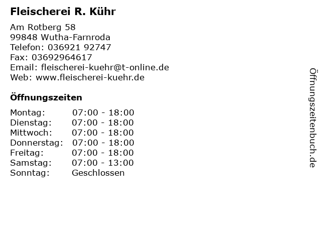 Fleischerei R. Kühr in Wutha-Farnroda: Adresse und Öffnungszeiten