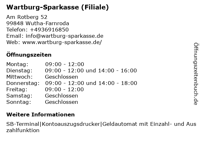 Wartburg-Sparkasse (Filiale) in Wutha-Farnroda: Adresse und Öffnungszeiten