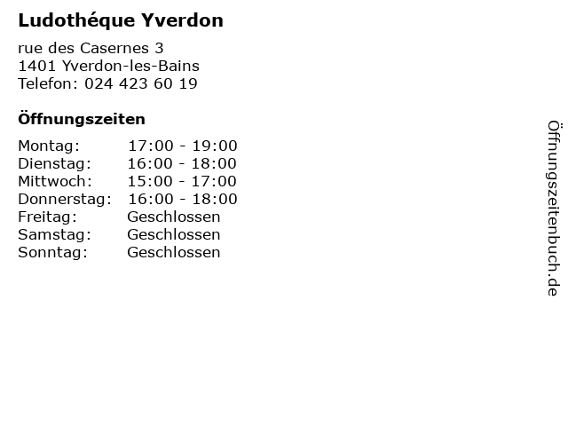 Ludothéque Yverdon in Yverdon-les-Bains: Adresse und Öffnungszeiten