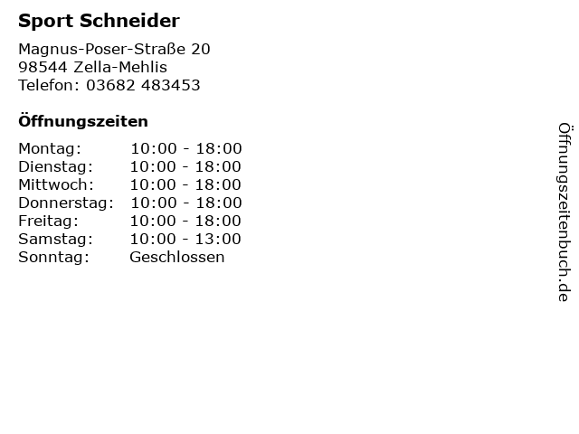 Sport Schneider in Zella-Mehlis: Adresse und Öffnungszeiten