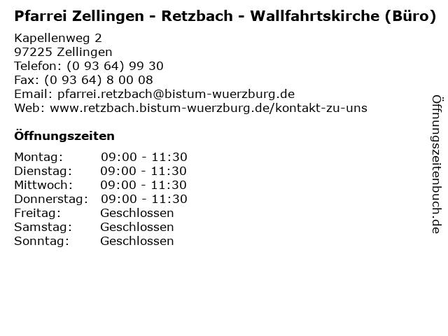 Pfarrei Zellingen - Retzbach - Wallfahrtskirche (Büro) in Zellingen: Adresse und Öffnungszeiten