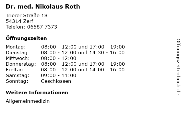 Dr. med. Nikolaus Roth in Zerf: Adresse und Öffnungszeiten