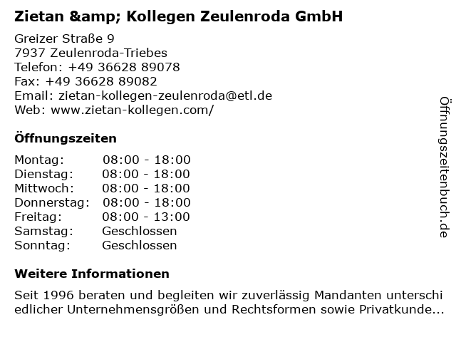 Zietan & Kollegen Zeulenroda GmbH in Zeulenroda-Triebes: Adresse und Öffnungszeiten