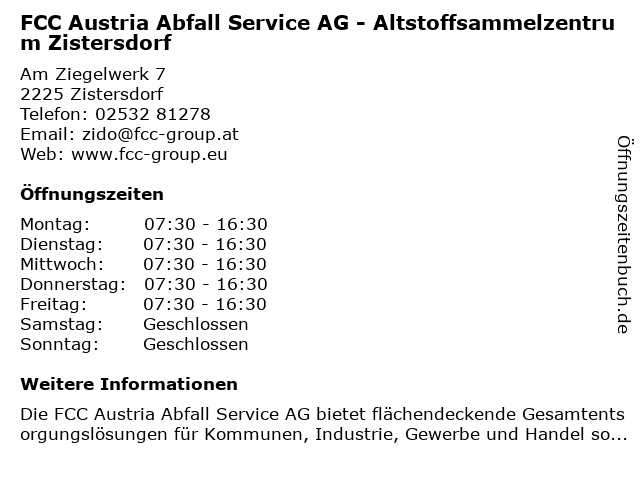 FCC Austria Abfall Service AG - Altstoffsammelzentrum Zistersdorf in Zistersdorf: Adresse und Öffnungszeiten