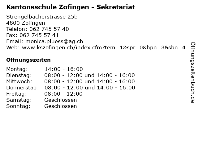 Kantonsschule Zofingen - Sekretariat in Zofingen: Adresse und Öffnungszeiten