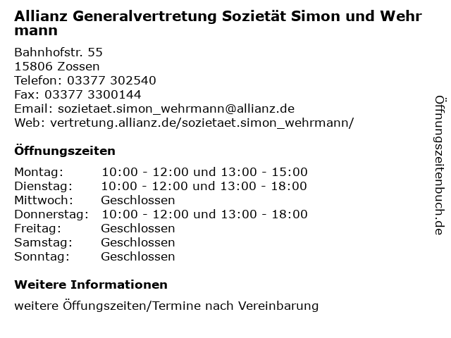 Allianz Generalvertretung Sozietät Simon und Wehrmann in Zossen: Adresse und Öffnungszeiten