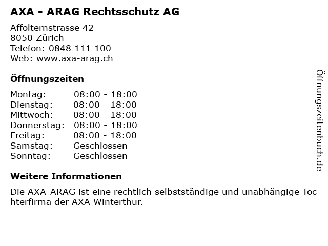 ᐅ Offnungszeiten Axa Arag Rechtsschutz Ag Affolternstrasse 42 In Zurich