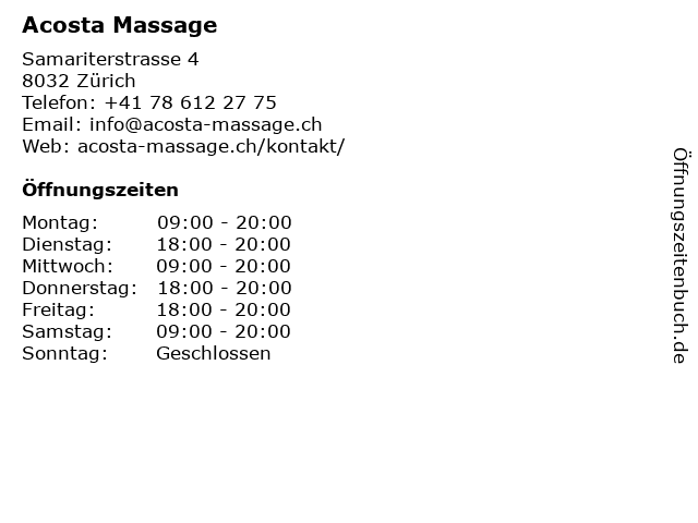 Acosta Massage in Zürich: Adresse und Öffnungszeiten