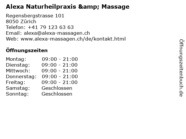 Alexa Naturheilpraxis & Massage in Zürich: Adresse und Öffnungszeiten