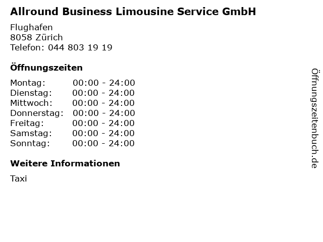 Allround Business Limousine Service GmbH in Zürich: Adresse und Öffnungszeiten