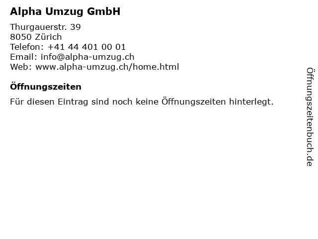 Alpha Umzug GmbH in Zürich: Adresse und Öffnungszeiten