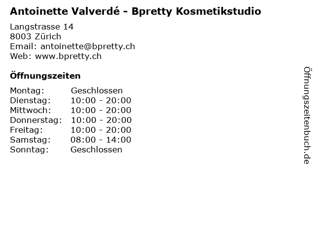 Antoinette Valverdé - Bpretty Kosmetikstudio in Zürich: Adresse und Öffnungszeiten