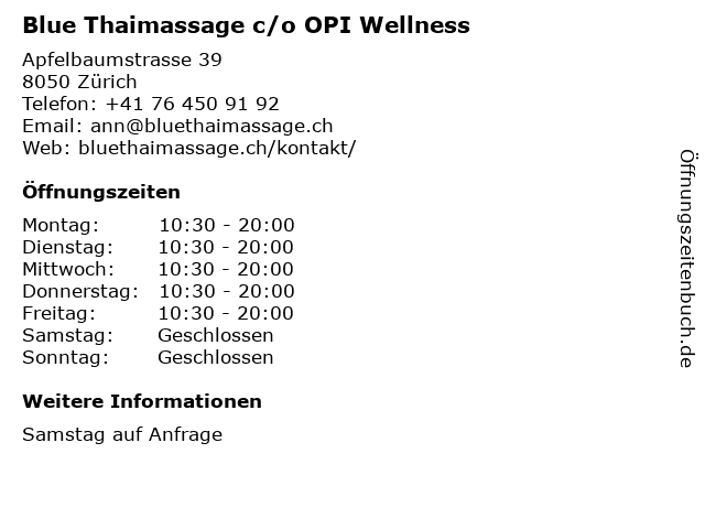 Blue Thaimassage c/o OPI Wellness in Zürich: Adresse und Öffnungszeiten