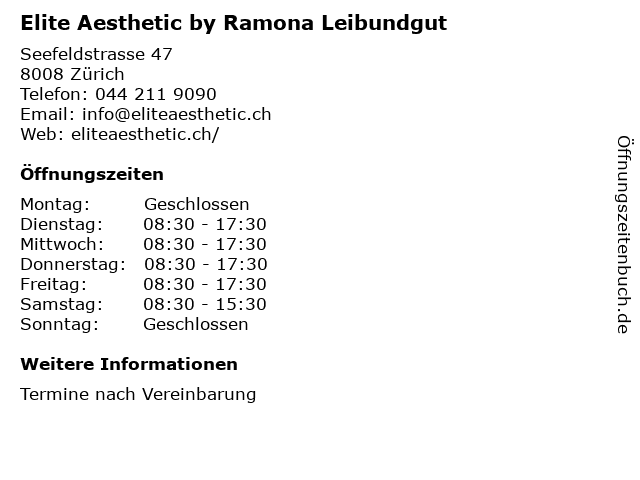 Elite Aesthetic by Ramona Leibundgut in Zürich: Adresse und Öffnungszeiten