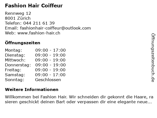 Fashion Hair Coiffeur in Zürich: Adresse und Öffnungszeiten