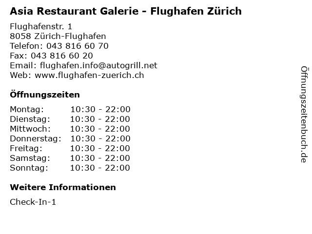 Asia Restaurant Galerie - Flughafen Zürich in Zürich-Flughafen: Adresse und Öffnungszeiten