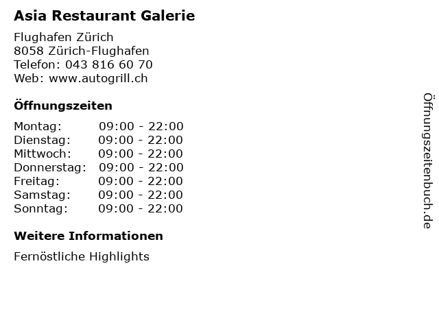 Asia Restaurant Galerie in Zürich-Flughafen: Adresse und Öffnungszeiten