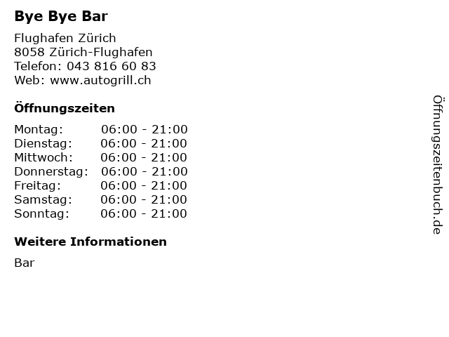 Bye Bye Bar in Zürich-Flughafen: Adresse und Öffnungszeiten
