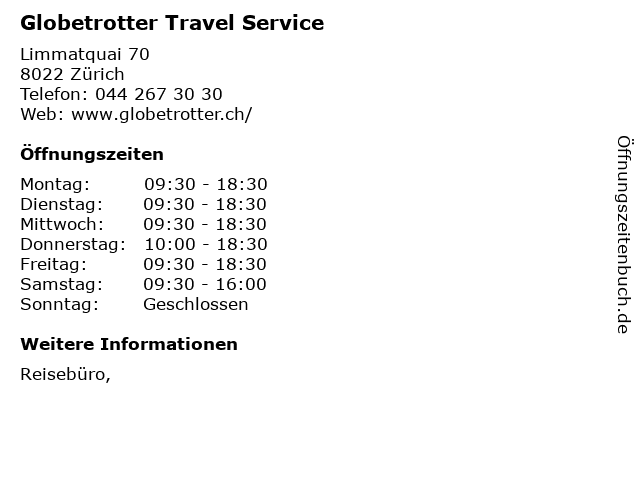 Globetrotter Travel Service in Zürich: Adresse und Öffnungszeiten