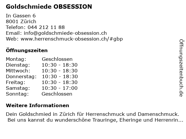 Goldschmiede OBSESSION in Zürich: Adresse und Öffnungszeiten