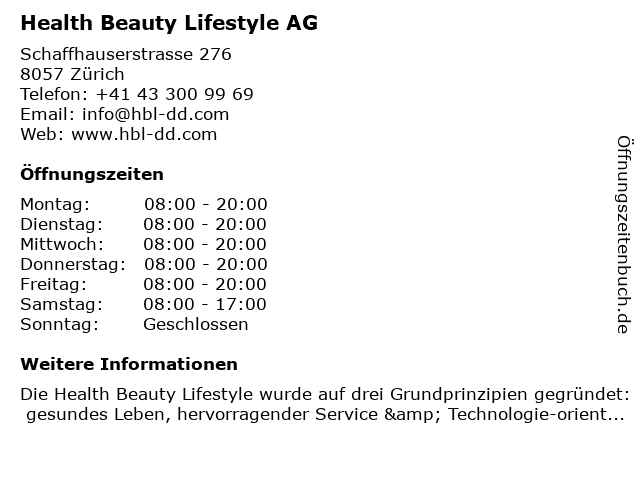 Health Beauty Lifestyle AG in Zürich: Adresse und Öffnungszeiten
