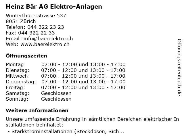 Heinz Bär AG Elektro-Anlagen in Zürich: Adresse und Öffnungszeiten