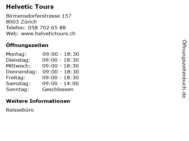 Helvetic Tours in Zürich: Adresse und Öffnungszeiten