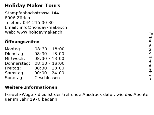 Holiday Maker Tours in Zürich: Adresse und Öffnungszeiten