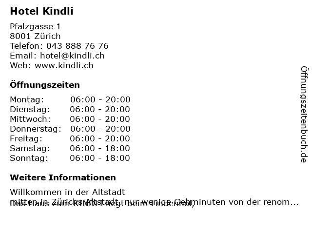 Hotel Kindli in Zürich: Adresse und Öffnungszeiten