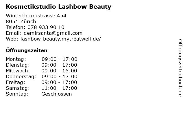 Kosmetikstudio Lashbow Beauty in Zürich: Adresse und Öffnungszeiten