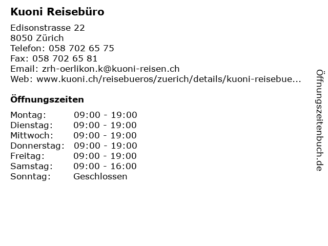 Kuoni Reisebüro in Zürich: Adresse und Öffnungszeiten