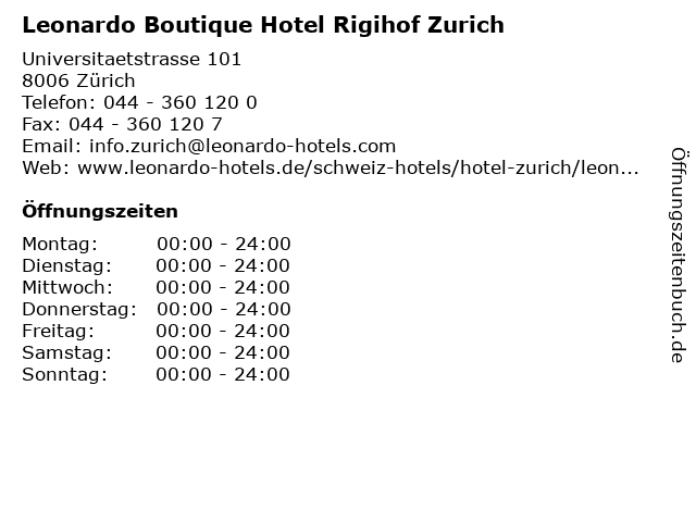 Leonardo Boutique Hotel Rigihof Zurich in Zürich: Adresse und Öffnungszeiten
