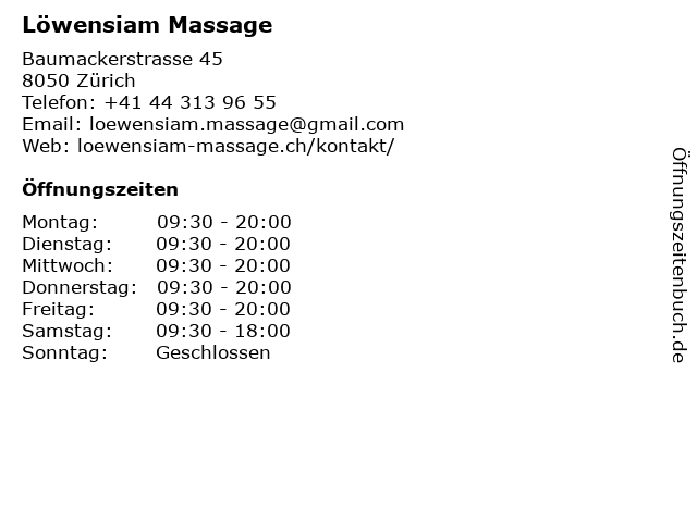 Löwensiam Massage in Zürich: Adresse und Öffnungszeiten