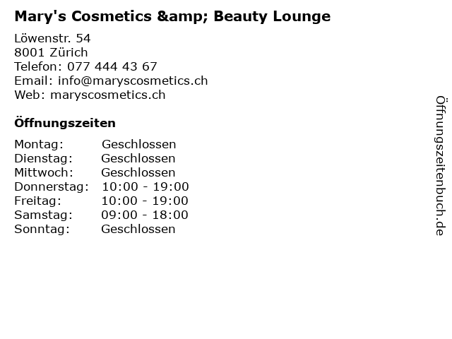 Mary's Cosmetics & Beauty Lounge in Zürich: Adresse und Öffnungszeiten