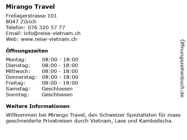 Mirango Travel in Zürich: Adresse und Öffnungszeiten