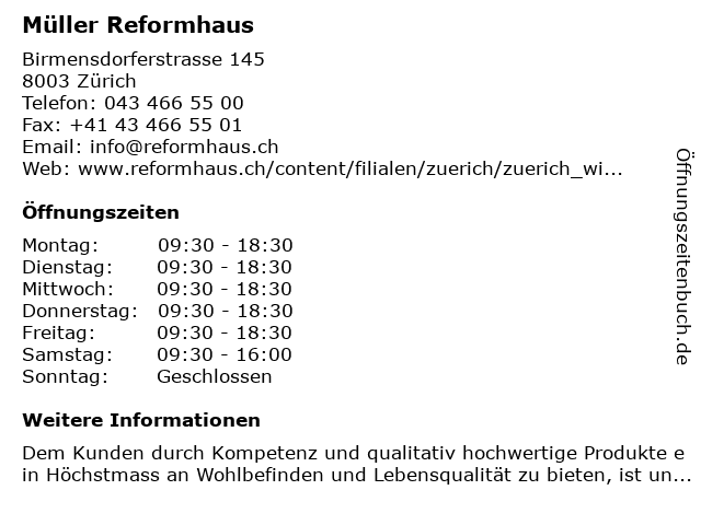 Müller Reformhaus in Zürich: Adresse und Öffnungszeiten