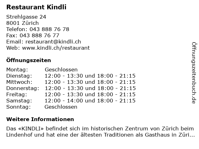 Restaurant Kindli in Zürich: Adresse und Öffnungszeiten