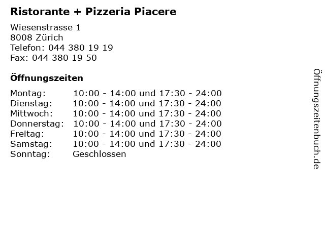 Ristorante + Pizzeria Piacere in Zürich: Adresse und Öffnungszeiten
