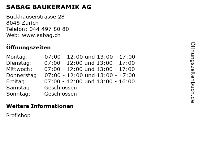 SABAG BAUKERAMIK AG in Zürich: Adresse und Öffnungszeiten