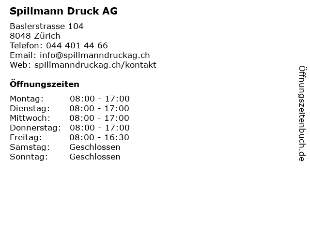 Spillmann Druck AG in Zürich: Adresse und Öffnungszeiten