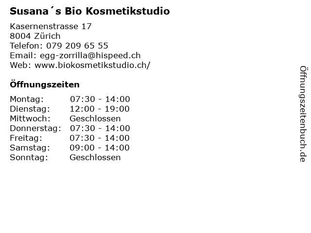 Susana´s Bio Kosmetikstudio in Zürich: Adresse und Öffnungszeiten