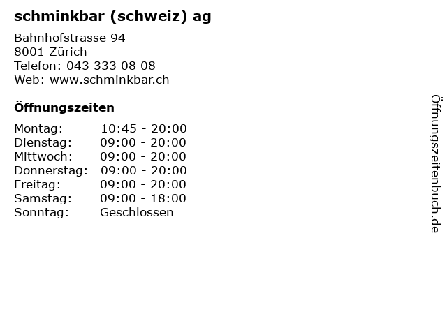 schminkbar (schweiz) ag in Zürich: Adresse und Öffnungszeiten