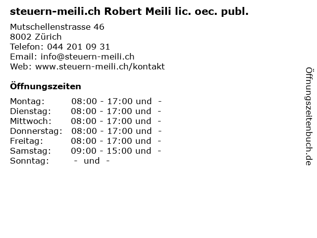steuern-meili.ch Robert Meili lic. oec. publ. in Zürich: Adresse und Öffnungszeiten