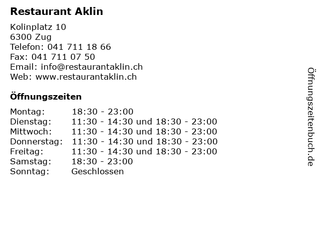 Restaurant Aklin in Zug 1: Adresse und Öffnungszeiten