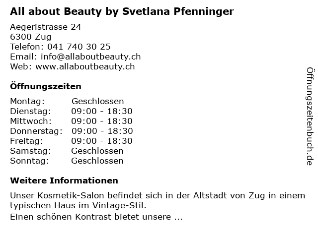 All about Beauty by Svetlana Pfenninger in Zug: Adresse und Öffnungszeiten